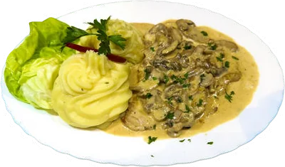 Escalop de porc în sos de ciuperci cu piure – Restaurant Donaudelta Viena