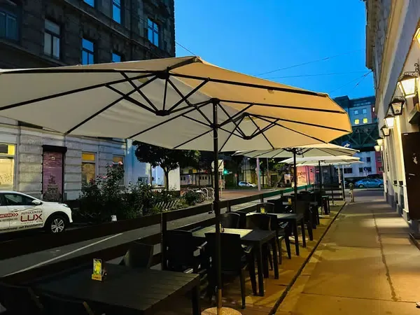 Terrace with umbrellas at Donaudelta Vienna